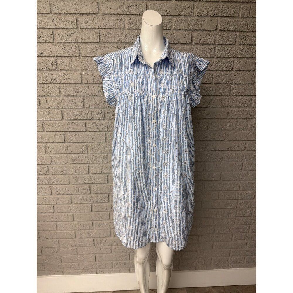 Avara Gentry Women’s Blue White Eyelet Button Down Shirt Dress Size S